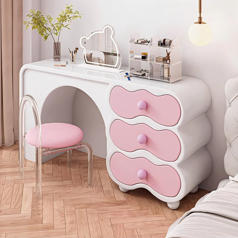 62.99"White and Pink Modern Vanity and Drawer cabinet With a Mirror and Makeup Stool