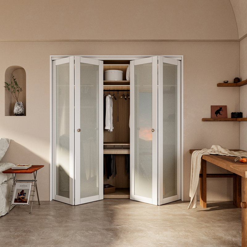 Double 1-Lite Glass Door Solid Manufactured Wood Bi-Fold Door With Installation Hardware Kit(Closet,Pantry), 72" x 80"