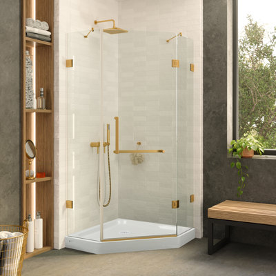 Neo Angle Shower Base with Compatible Glass Frameless Enclosure - Shower Set for Space