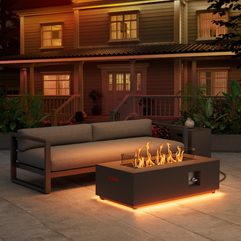 Table de foyer rectangulaire au propane en métal 12,6 po x l 42 po avec lumière dorée pour patio et cour arrière, 50 000 BTU, armoire de rangement à réservoir séparé, pare-vent et housse imperméable imperméable