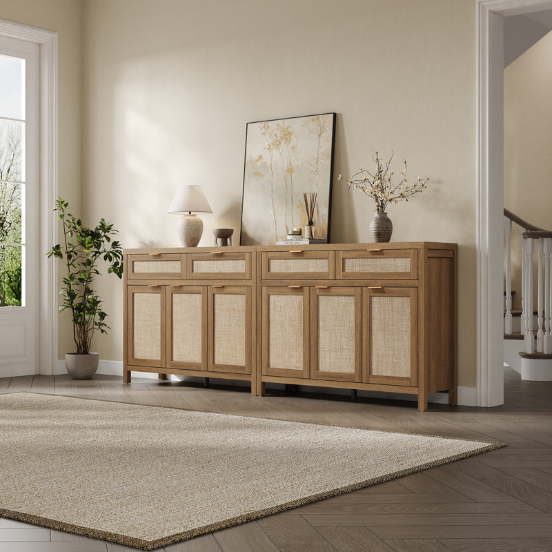 43.39'' W 2-Drawer And 3-Door Rattan Sideboard With Adjustable Shelves, Caramel Oak