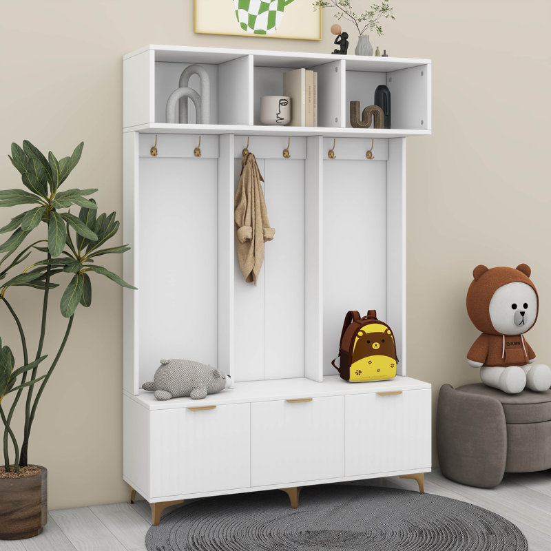 Grand portemanteau moderne avec banc, portemanteau et crochets, Blanc
