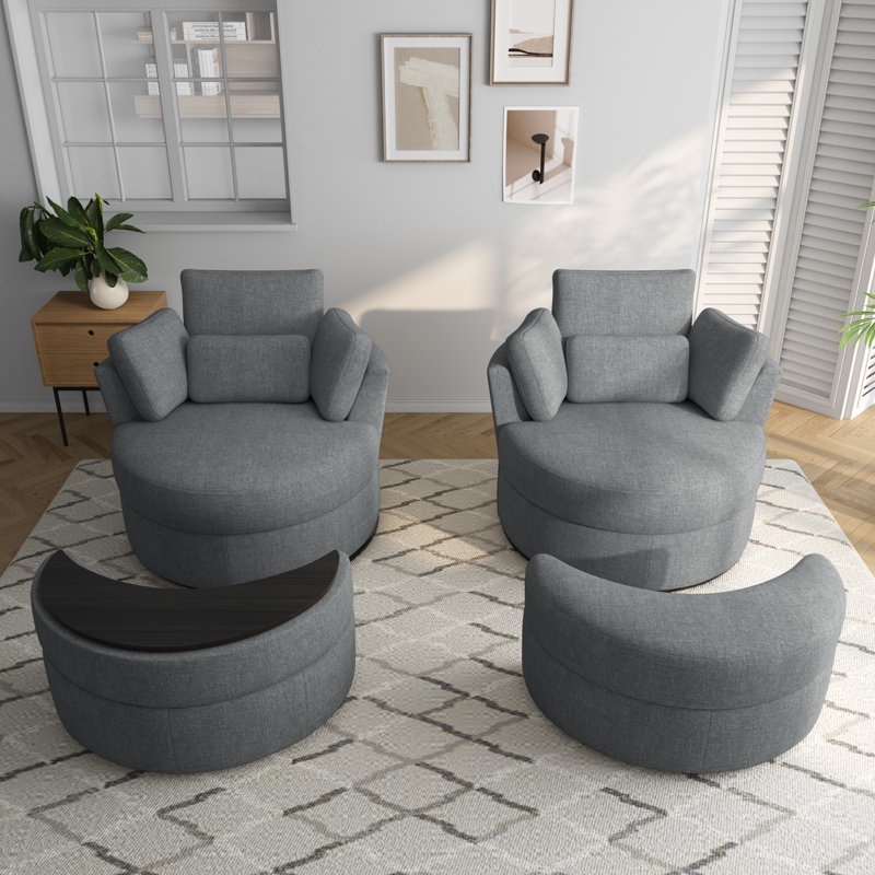 Upholstered Swivel Lounge Armchair With Storage Ottoman(Set of 2), Gray Polyester Blend