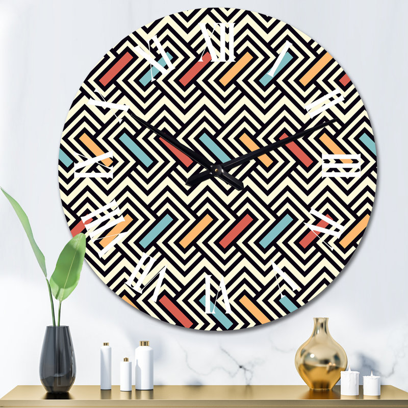 Zigzag noir et blanc avec horloge murale rouge, bleue et orange, Grand