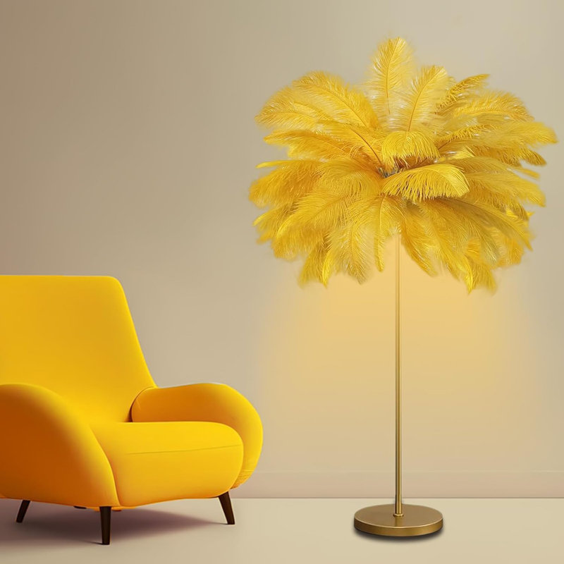 Natural Ostrich Feather Floor Lamp With 3 Color Temperatures, Adjustable LED Lighting, Sturdy Metal Base, Easy To Clean And Install, Perfect For Living Room, Bedroom, And Home Decor