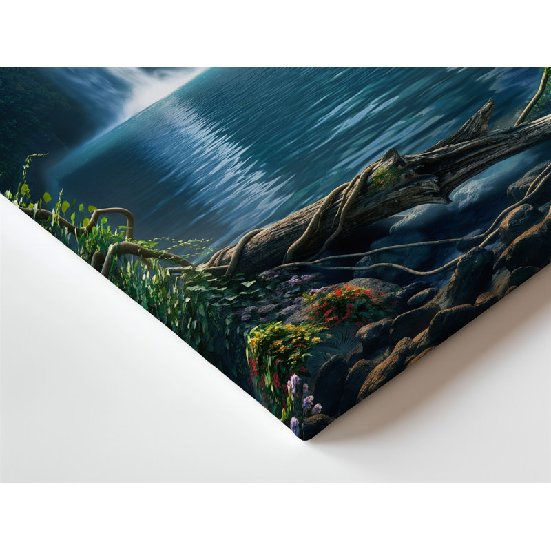 Toile, scène sereine de forêt avec deux cascades majestueuses en cascade dans un art mural, une piscine tranquille entourée de verdure
