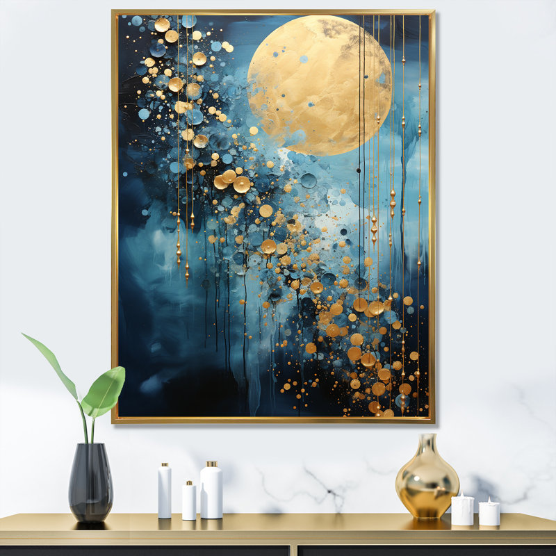 Lune bleu et or cycle céruléen Dreams III, Cadre flottant doré, H 20 po x l 12 po x P 1 po