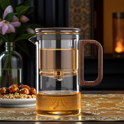 Théière en verre 500 ml avec infuseur résistant à la chaleur, poignée en bois, filtre détachable pour thé en feuilles 16,9 oz