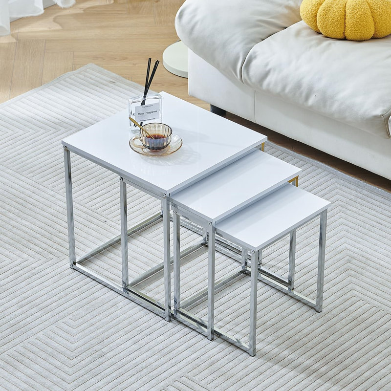 Living Room Nesting Coffee Table Set Of 3 High Glossing Marble Effect, Small Square Side Sofa Table 3 In 1 Nested Table Corner Little End Table Stackable Tabletop With Chrome Frame