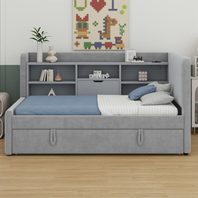 Upholstered Daybed With Trundle, Storage Shelves, USB & Outlet