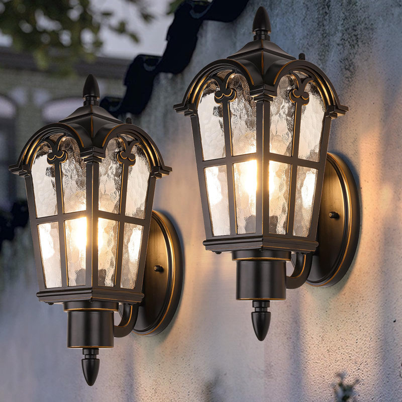 Outdoor Wall Light Fixtures,Exterior Waterproof Porch Lights, Vintage Outside Wall Sconces With Water Ripple Glass,(2 Pack/ Black & Gold/Bulb Not Included)