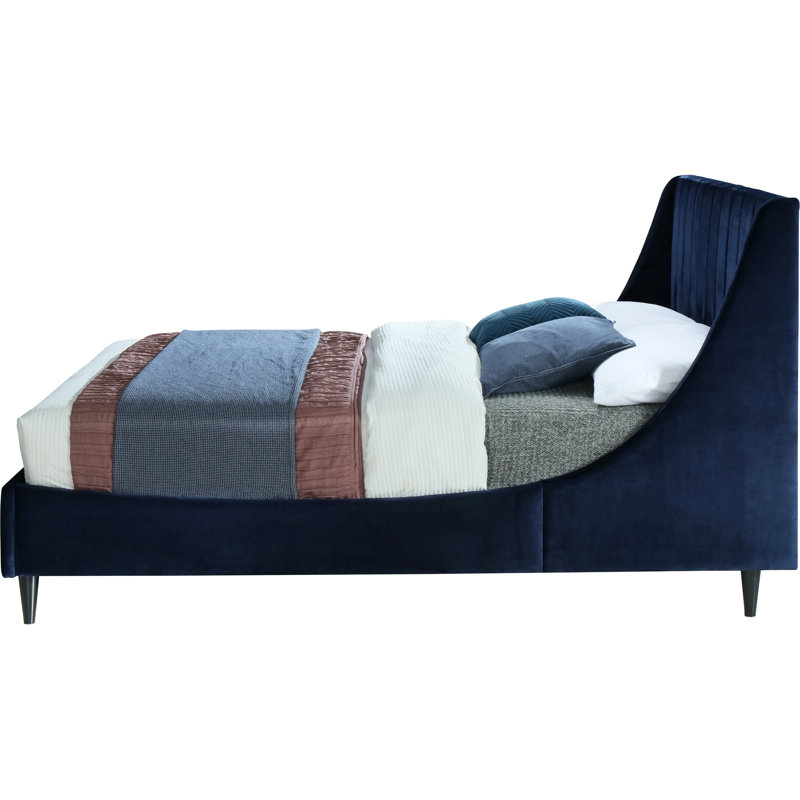 Eva Upholstered Low Profile Platform Bed, Queen, Navy Velvet