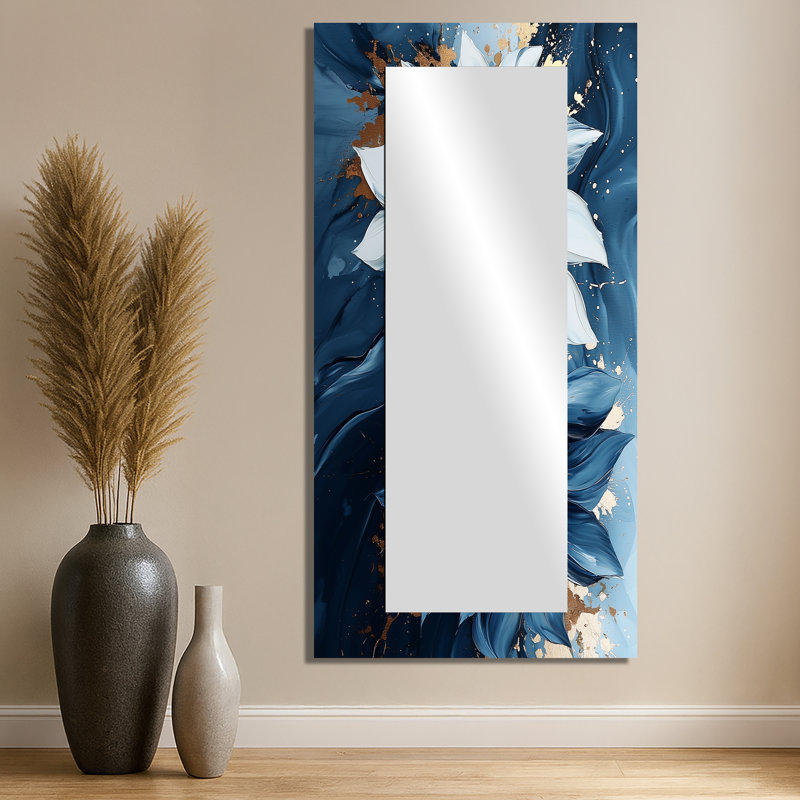 Abstract Aqua Midnight Sunflowers Beauty I - Floral Mirror Wall Decor - Printed On Metal, 28" x 55"