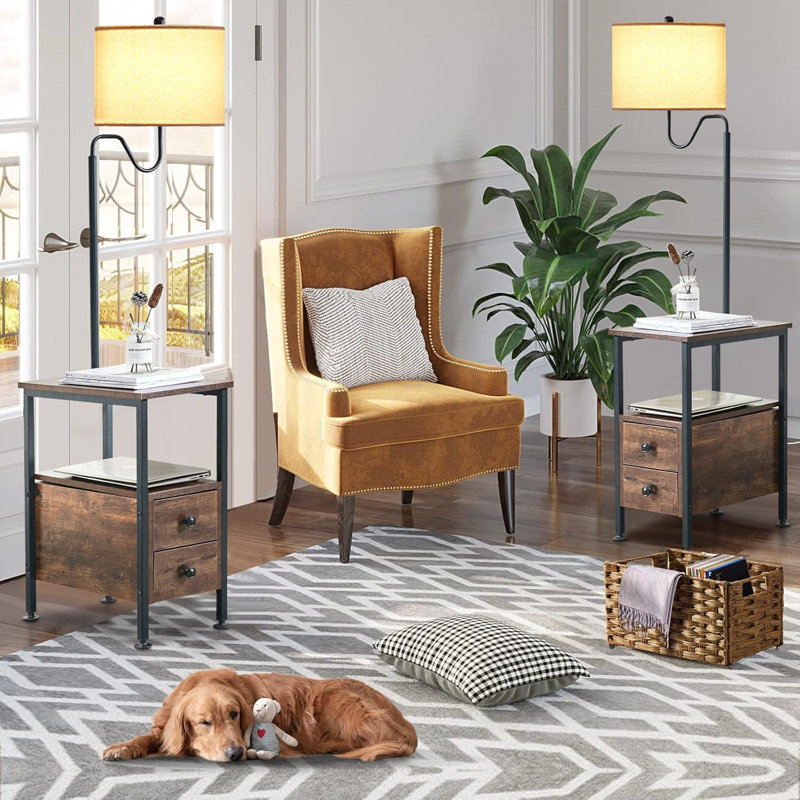 Floor Lamp With Side Table, Rustic End Table With USB & Type-C Ports, 2 Outlets And Storage Drawers, Adjustable Lampshade For Living Room Bedroom