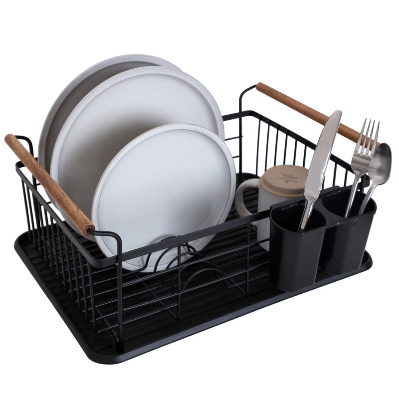 Acacia Wood and Black Metal Dish Drying Rack with Utensil Cup