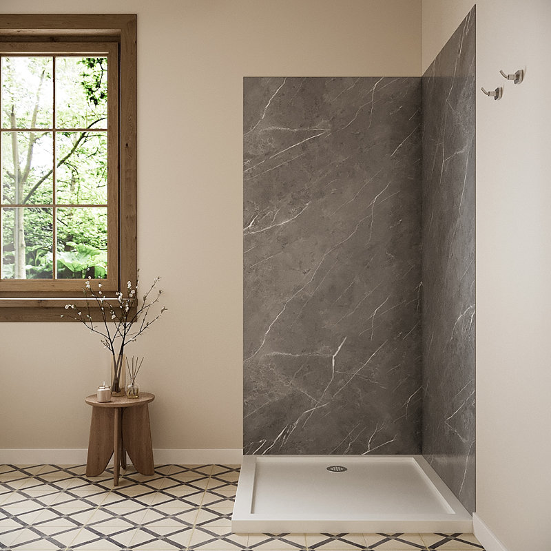 Streamline DSH-1260-124 36 in. L x 36 in. W. x. 76 in. H 2-Piece Glue-Up Corner Shower Surround in Grey Marble Finish