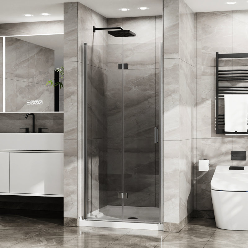 34"X 72" Tempered Glass Shower Door. Pivot Swing Panel. Foldable, Space. Rust & Corrosion Build. Water Leakage Barrier Strips. 180 Pivot, 90 Opening. Hassle- Installation Clear Glass. Zinc Alloy