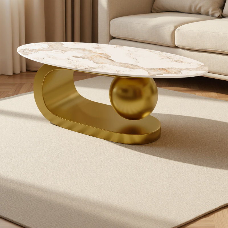 Modern Oval Coffee Table For Living Room, Marble Pattern Sintered Stone Coffee Tabletop With Gold Stainless Steel Base In 47.2"