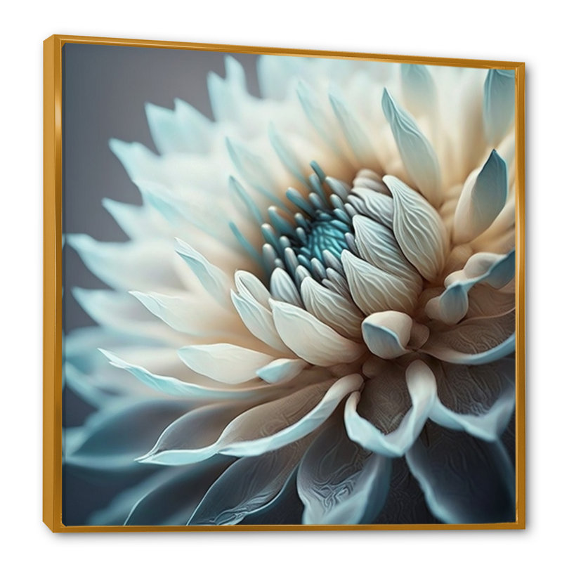 «Dahlia Flowers Blue and White III», reproduction sur toile, L 24 po x H 24 po, Toile avec cadre flottant or