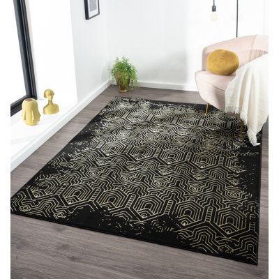 Ksamil Geometric Abstract Area Rug In Black/Gold