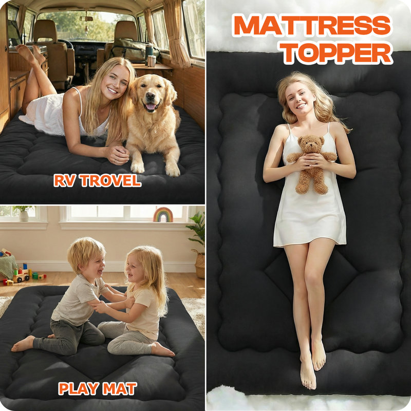 Matelas de futon japonais, matelas de sol pliable et matelas de couchage 3,5 po, grand lit, noir, Grand lit