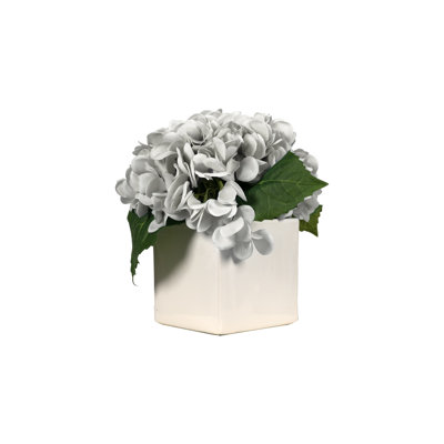 White Real-touch Hydrangeas In Square Ceramic Vase