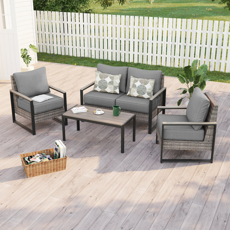 Ensemble de canapés de patio 4 pièces avec table basse, rotin en osier PE pour terrasse, Gris