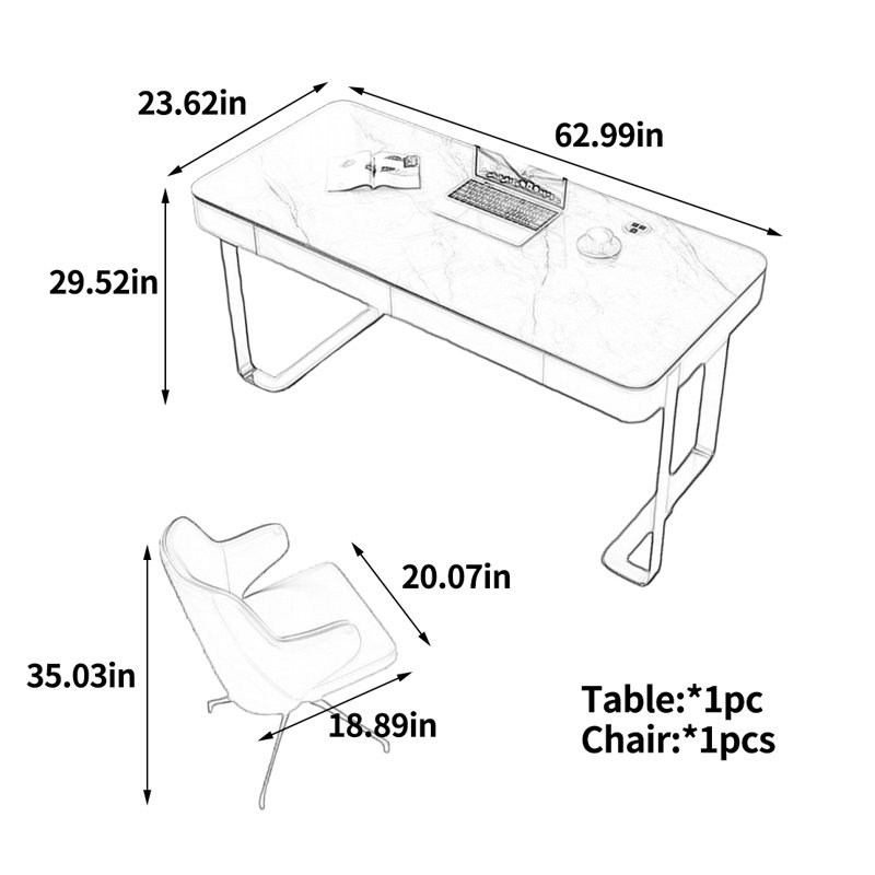 Bureau unique de style luxueux, H 29,52 po x l 62,99 po x P 23,62 po