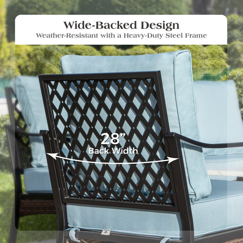74.8'' Wide Outdoor Patio Sofa With Cushions & Wicker Decor, Blue Cushion/ Black Frame