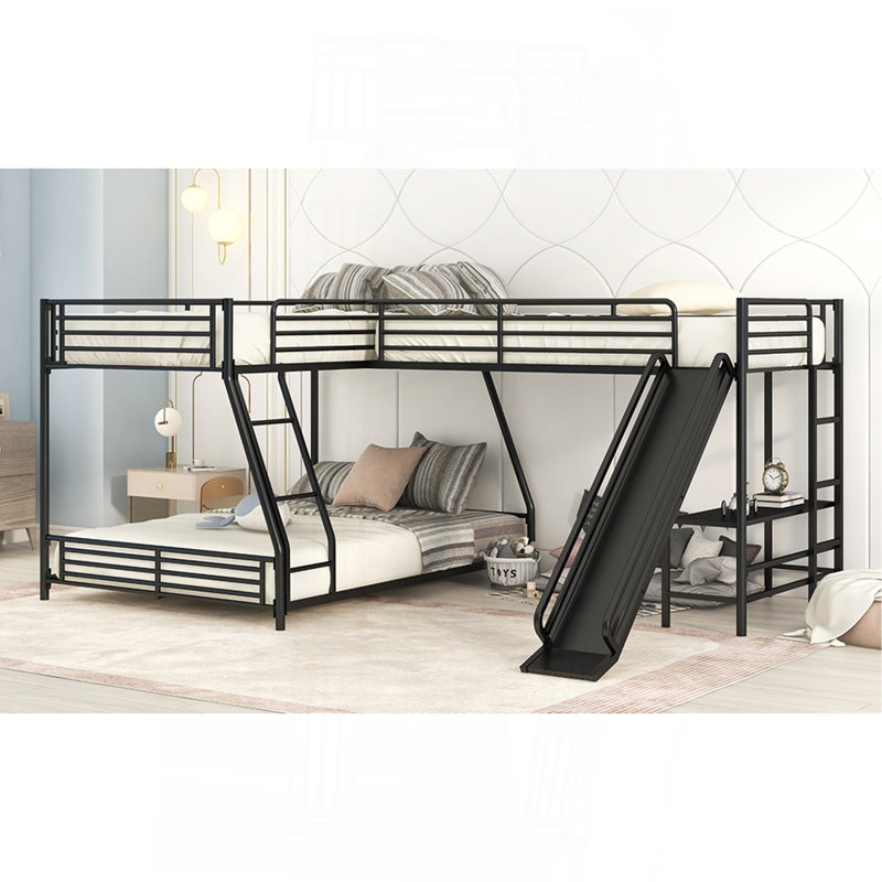 L-Shaped Twin Over Full Bunk Bed With Twin Size Loft Bed,Built-In Desk And Slide,Black