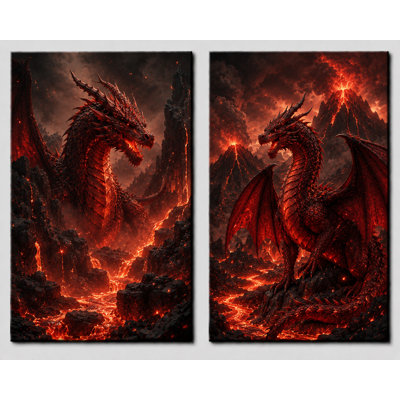 Extra-Large Set of 2 Fire Dragon Volcano Wall Art Canvas Prints Lava Fantasy Creature Decor for Living Room Bedroom 24x36 Inch Canvas Print - Ready to hang