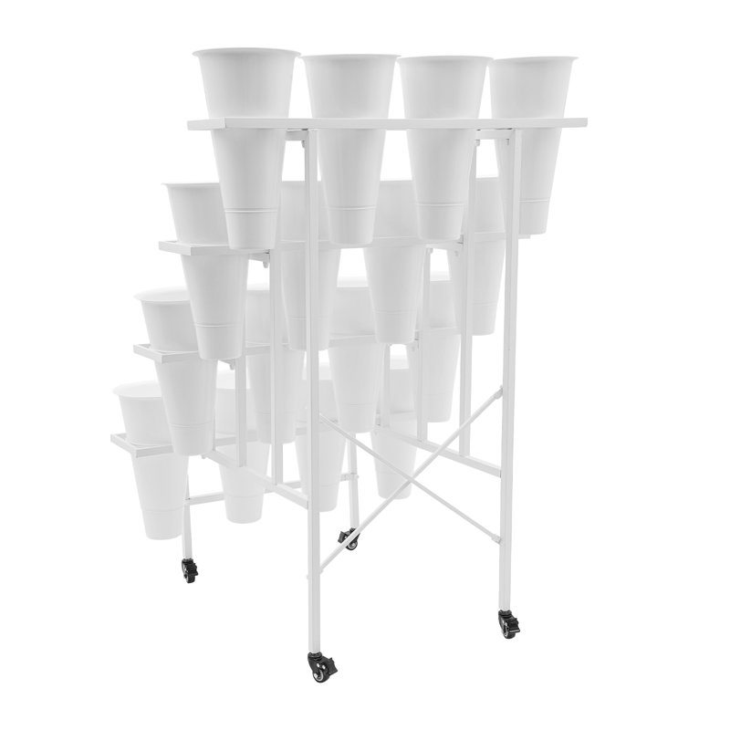 White Steel 4-Tier Plant Stand with 16 Buckets and Wheels