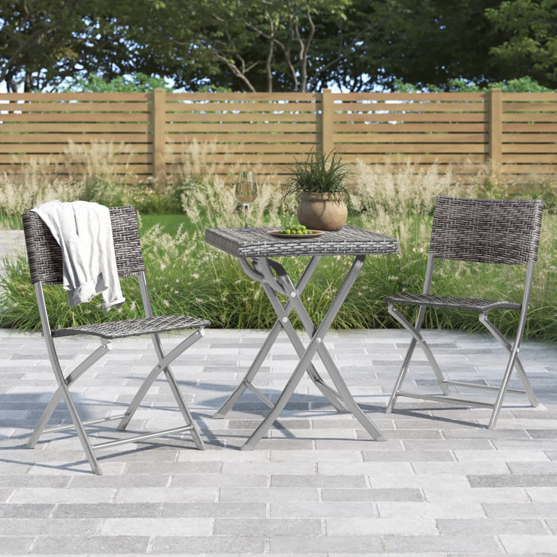 2 - Person Patio Folding Rattan Bistro Set Chairs with Backrest Table, Gray