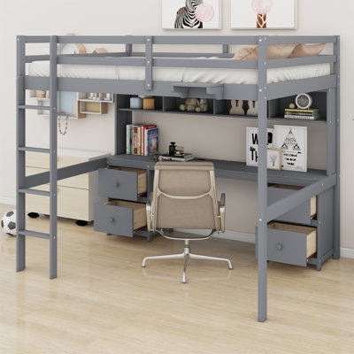 Loft Bed With Desk,Cabinets,Drawers And Bedside Tray,Charging Station
