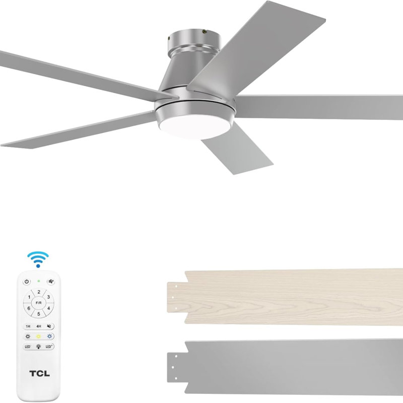  52" Ceiling Fan With Lights, Silver Flush Mount Ceiling Fans With Remote Control, 6 Speeds Dc Reversible, Dimmable, Noiseless, Low Profile Ceiling Fans For Bedroom