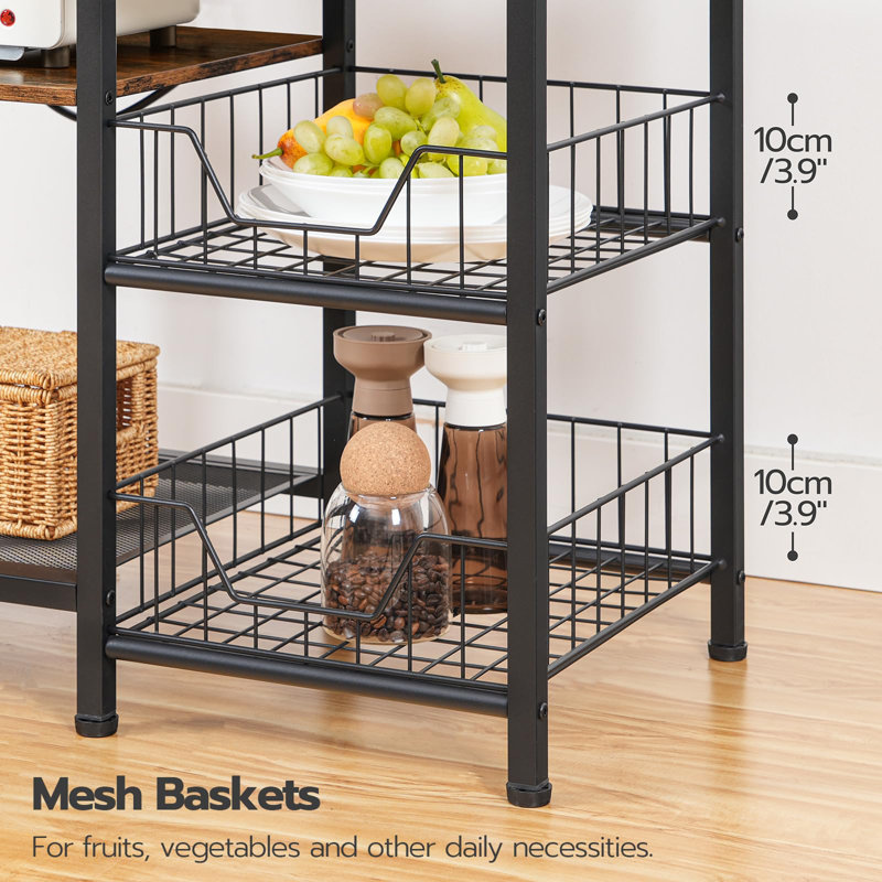 Rustic Brown And Black, 6-Tier Large Baker's Rack Microwave Rack With Sockets And 4 Hooks