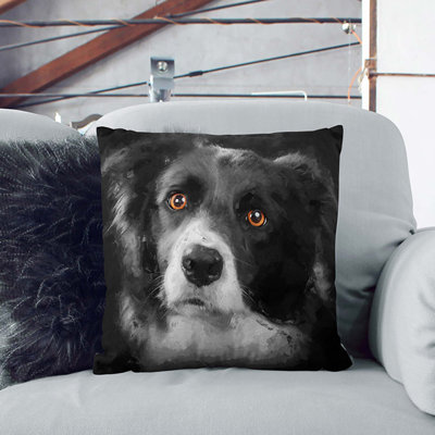 Brown Eyed Border Collie Dog In Abstract Square Throw Cushion