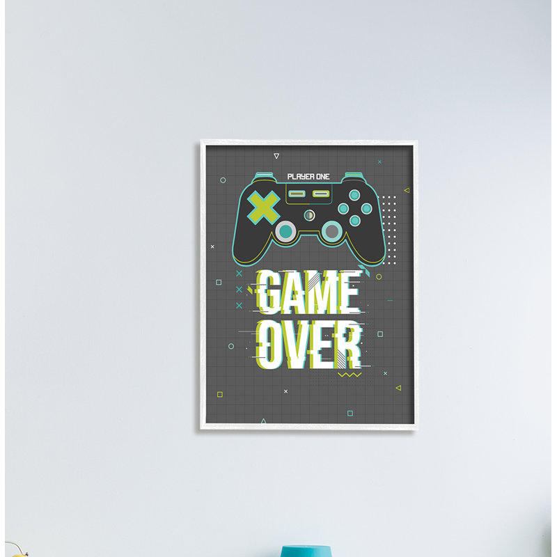 Manette de jeu vidéo Game over phrase - Art textuel, H 30 po x l 24 po x P 1,5 po, Giclée encadrée noir minuit
