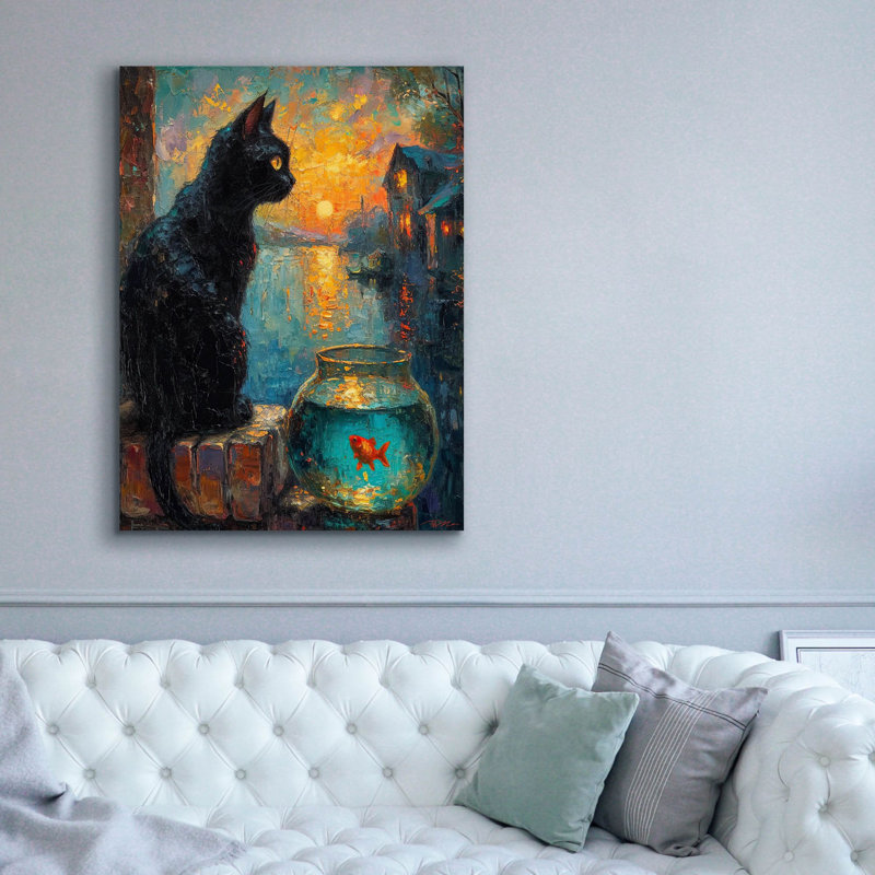 «Black Cat And Goldfish 1» par Momart, art mural sur toile, H 54 po x l 40 po x P 1,5 po