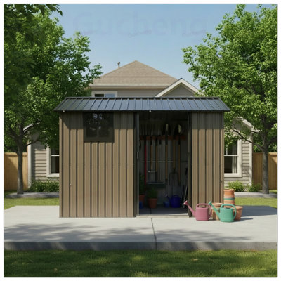 Remise de rangement extérieure en acier galvanisé avec porte coulissante, remise à outils en métal robuste avec fenêtre et évents, remise utilitaire résistante aux intempéries pour patio