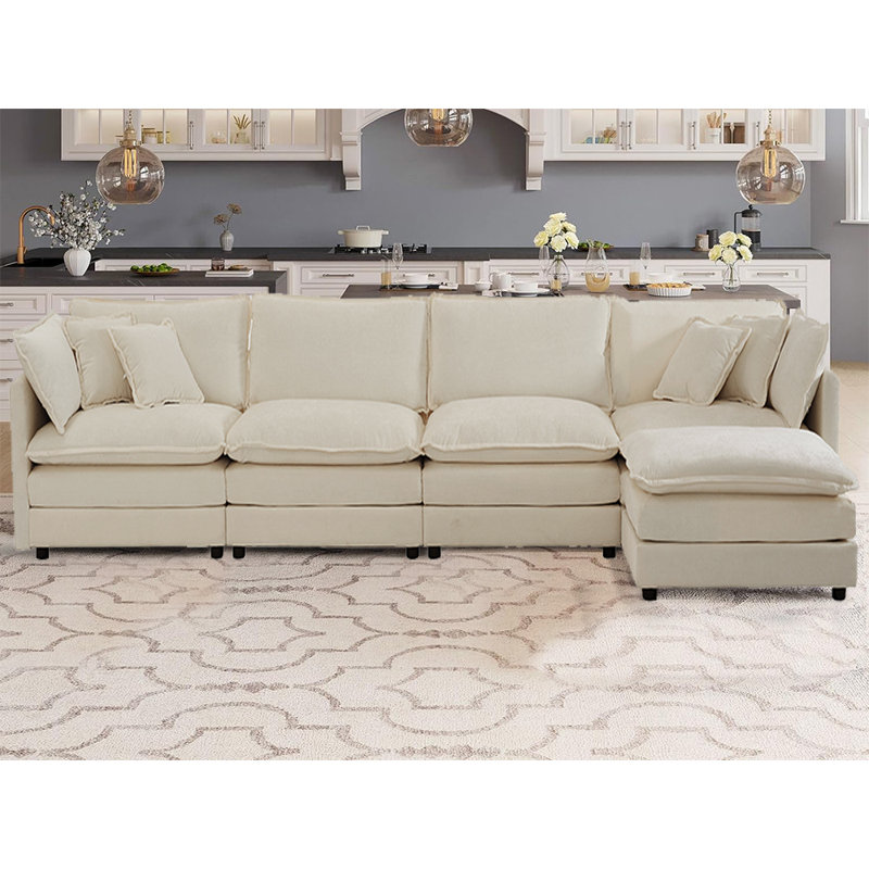 Harut 146.5" L-Shaped Modular Sectional Sofa With Movable Ottomans, Beige Chenille