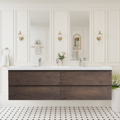 Meuble-lavabo mural 72 po avec 2 lavabos intégrés en résine et 4 tiroirs à fermeture en douceur, assemblage complet