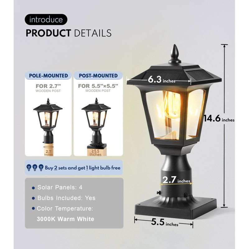 Lampadaire solaire 1 paquet, base en aluminium imperméable pour clôture, jardin, patio et cour - ampoule incluse