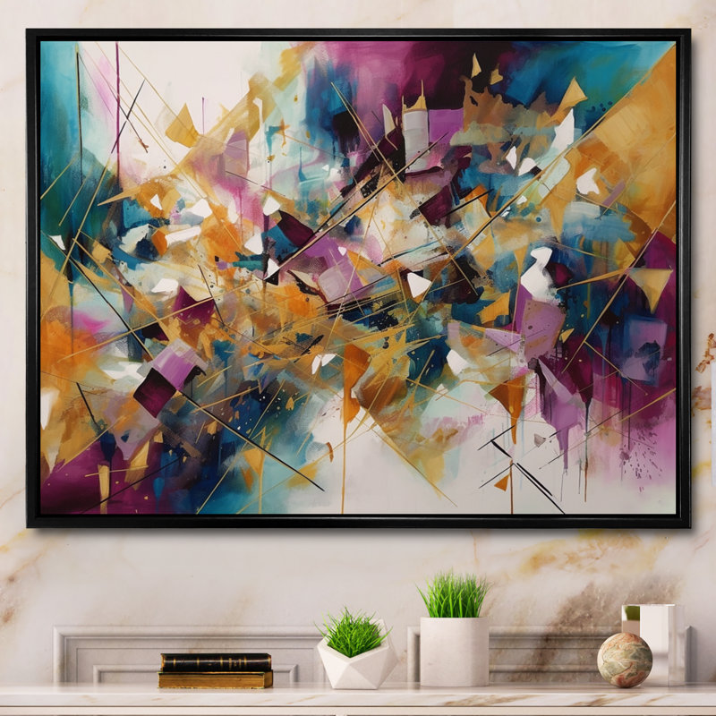 «Golden Explosion Triangles I», art abstrait sur toile géométrique, H 12 po x l 20 po x P 1 po, Cadre flottant noir