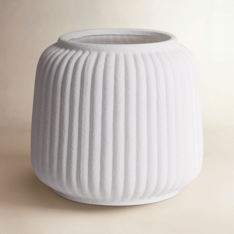 Galilee Cannelure White Ribbed Ceramic Cachepot Medium, 8.25" H x 8.75" W x 8.75" D