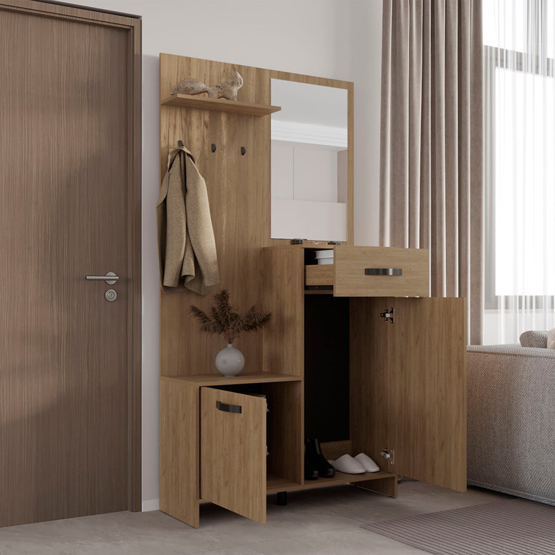 Hall Tree, 2 Doors, 1 Drawer, 1 Shelf, 1 Mirror, Natural Wood