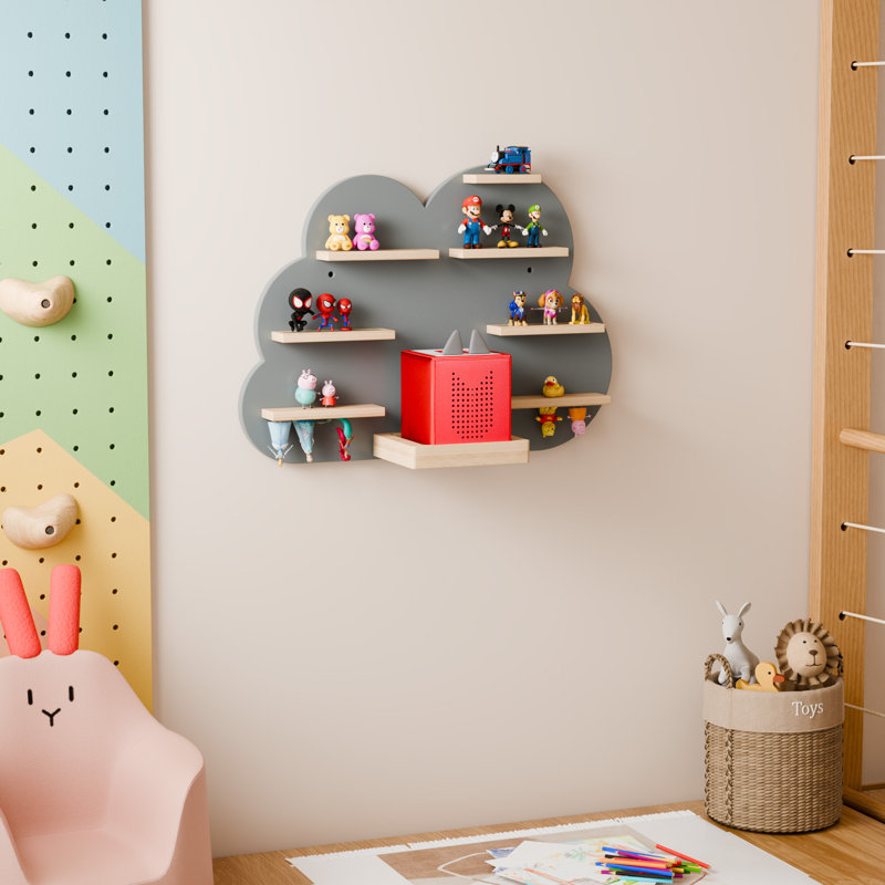 Cloud Tonie Shelf for Toniebox Storage - Unique Floating Magnetic Wall Shelf for 16-26 Tonie Figures,Grey Beech Wood Display Tonie Shelf for Children Kids, Nursery Room
