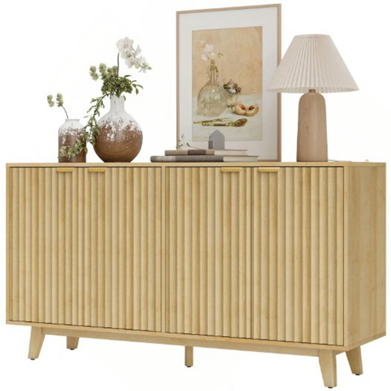 Commode pratique, armoire à buffet cannelée avec portes, tablettes réglables, pieds en bois, Oak