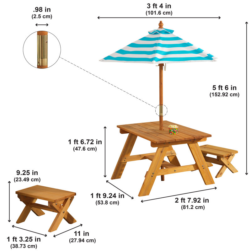 Outdoor Wooden Table & Bench Set, Striped Umbrella, Turquoise and White
