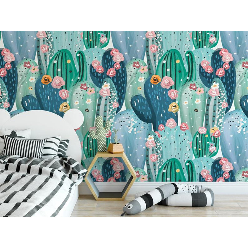 Papier peint amovible floral avec fleurs roses et cactus, L 98,04 po x l 150 po